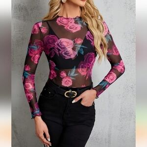 Sexy Black Sheer Mesh Floral Top with Pink Roses & Lettuce Trim